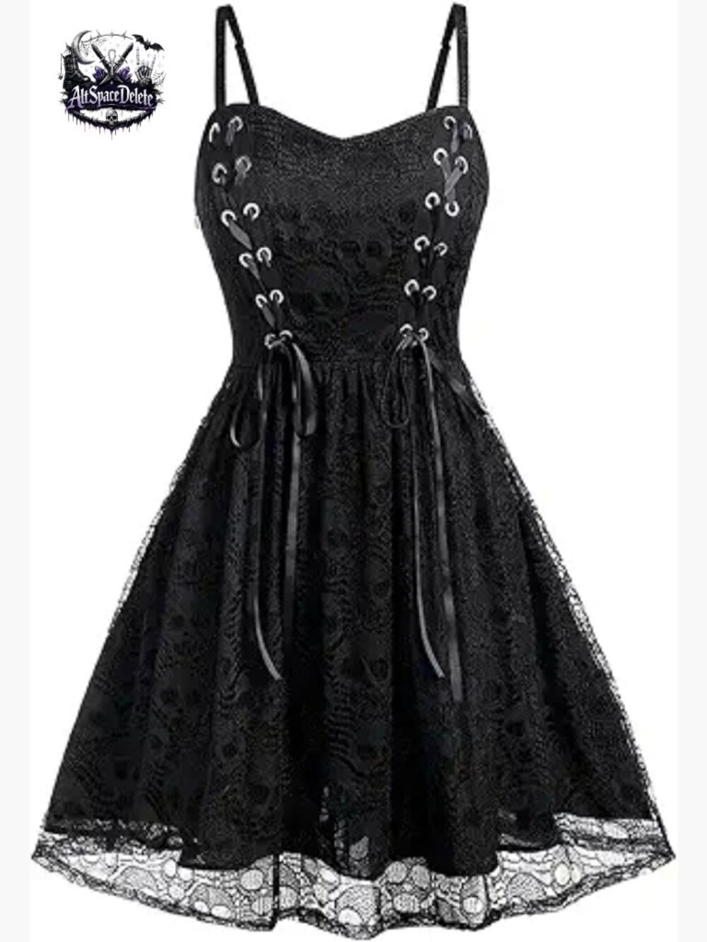 Sleeveless A-Line Dress with Lace Skeleton Pattern, Adjustable Straps, Zipper